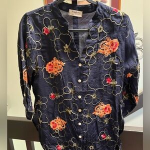 Happlan Navy Floral Embroidered Blouse 3/4 Sleeves, V-neck #139